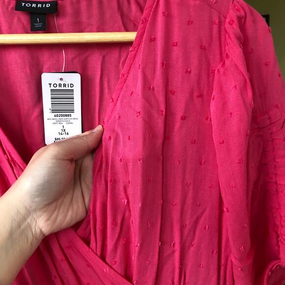 Torrid NWT Hot-Pink Swiss-Dot Surplice Midi Dress 1X (14/16) Ruffle Hem Coquette - Picture 6 of 14